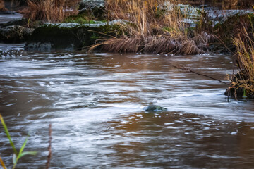 Artificial fish ladder in a river with water flowing over concrete steps, designed to help wild salmon migrate upstream through the dam, symbol of ecological restoration