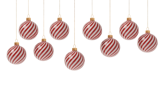 Collection of ten festive red and white striped oval christmas ornaments hanging in a row isolated on transparent background