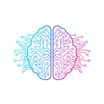 Illustration of a brain split into two halves with circuit patterns representing artificial intelligence and digital technology