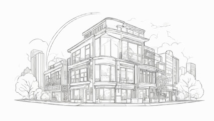 A vintage, black and white sketch architecture illustrating urban buildings and a street scene