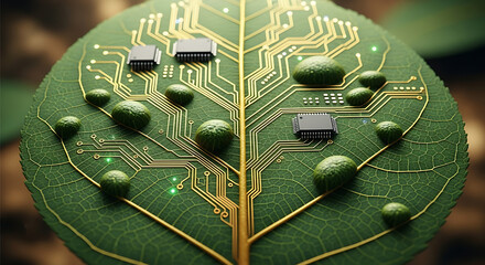 A detailed close-up of a vibrant green leaf intricately designed with golden circuit traces, embedded integrated circuit chips, and glowing elements, symbolizing the convergence of biotechnology and s