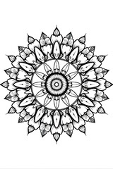 Intricate black and white mandala pattern with floral elements isolated on white background