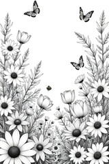 Detailed black and white illustration of wildflowers and butterflies in a garden isolated on white background