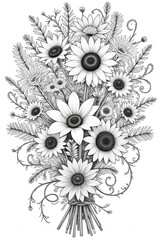 Detailed black and white line art illustration of a sunflower bouquet isolated on white background