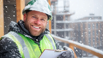 Construction Worker Smiling in Snowy Weather with Clipboard on Building Site