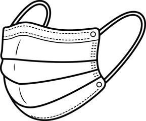 Face mask line drawing, black and white illustration, disposable medical mask sketch, healthcare protective equipment outline, safety symbol vector, hygiene graphic art
