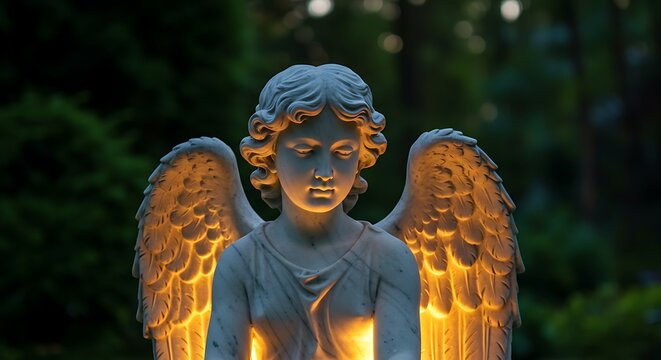 Serene Angel Statue with Golden Glow in a Lush Garden Setting.