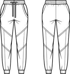 Jogger pants technical flat sketch front and back view, fashion apparel template, clothing design illustration, garment construction drawing, sporty activewear trousers