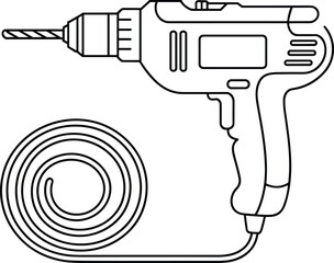 Minimalist Line Art Vector Illustration of Corded Electric Drill, a Power Tool Icon for Construction, Home Repair, Carpentry, and Professional Renovation Services