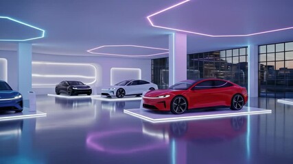A showroom showcases sleek, futuristic electric cars in various colors with neon lighting, modern and clean - Powered by Adobe