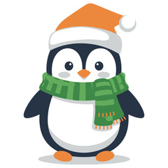 Adorable Cartoon Penguin Wearing Orange Winter Hat and Green Scarf