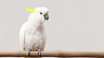 White cockatoo bird perched on branch against neutral background, concept of tropical wildlife, pets and exotic birds with copy space.