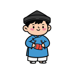 Cartoon Style Boy in Traditional Costume Playing Drum Illustration