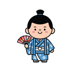 Cute Cartoon Style Japanese Boy with Fan Wearing Kimono Illustration
