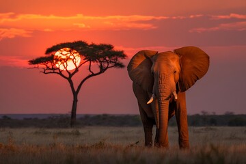 Elephant walking in the savanna during a vibrant sunset