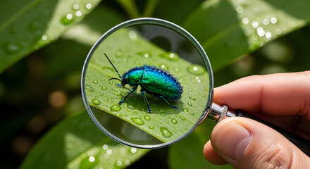 A jewel beetle on a leaf with water droplets seen through a magnifying glass held by a person's hand