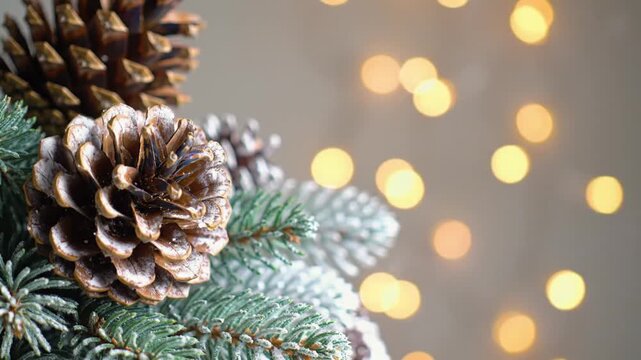 Festive Christmas Vector Border with Pine Cones, Evergreen Branches, and Gold Fairy Lights Garland on White Background