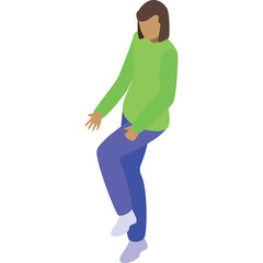 Full body shot of a young woman in a light green long sleeve shirt and blue pants dancing with white socks and purple sneakers against a clean white background in isometric view