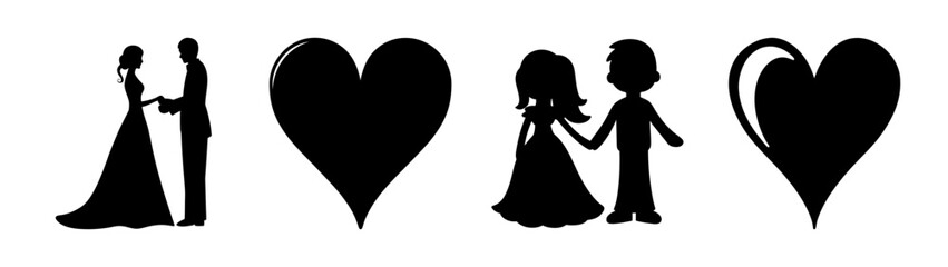 Fototapeta premium Romantic wedding couple silhouettes holding hands with hearts graphic elements