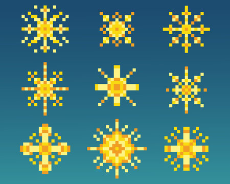 Pixel art star icons. Bitmap elements. Y2k retro sparks and glitter decoration. Yellow magic geometric twinkles. Shiny vector abstract illustration