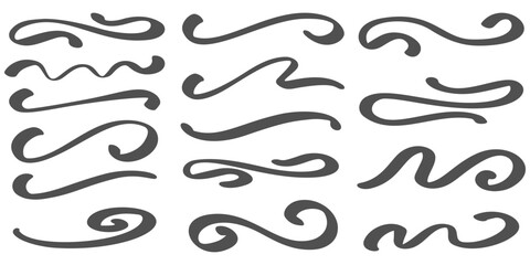 Swoosh lines. Vector swash underlines. Hand-drawn brush stroke on white background. Vintage wavy shapes. Squiggly flourishes and doodle curved decorative design elements