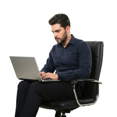 Man sitting in office chair using laptop transparent background cutout png