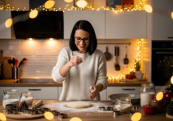 Happy Woman Baking Christmas Cookies in Kitchen, Sprinkling Flour on Dough. Festive Holiday Season Home Cooking Activity.