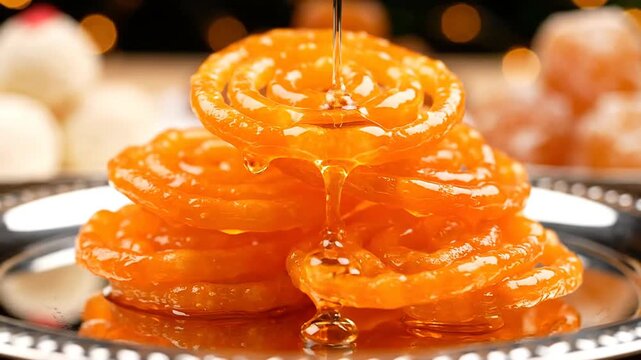 Golden jalebi dessert drizzled with honey representing Guru Nanak Jayanti traditions