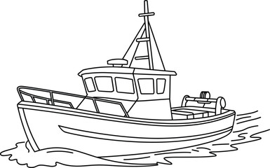 Simple Vector Line Art of a Modern Trawler Fishing Boat, Ideal for Maritime Commerce, Deep Sea Industry, and Coastal Transportation Graphics