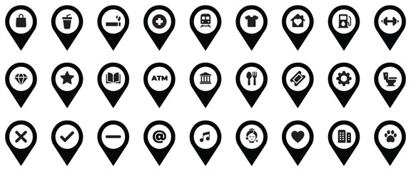 different place location pointer pin set collection pack bundle black shape icon silhouette vector flat illustration design on white background