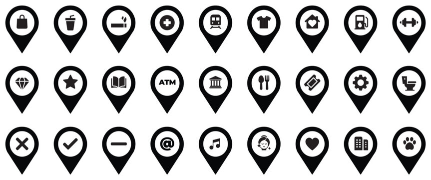 different place location pointer pin set collection pack bundle black shape icon silhouette vector flat illustration design on white background