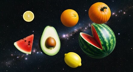 Fototapeta premium A cosmic assortment of fresh fruits and vegetables floating in space