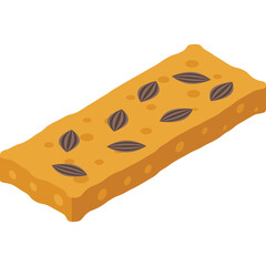 Rectangular golden granola bar with dark seeds scattered across its surface isolated on a white background with a subtle texture and cast shadow