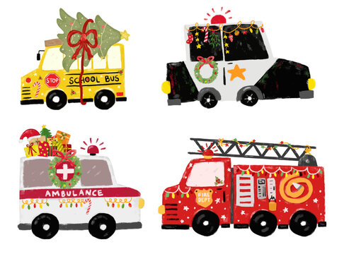 Cute set christmas xmas community rescue team emergency vehicles transportation crayon kids doodle crayon watercolour illustration police car school bus ambulance fire truck engine nursery