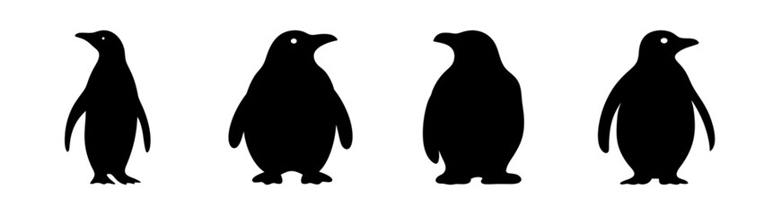 Naklejka premium Four silhouette penguin figures standing tall on a white canvas