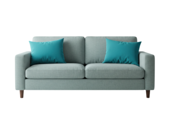 Modern light gray sofa with teal cushions transparent background cutout png