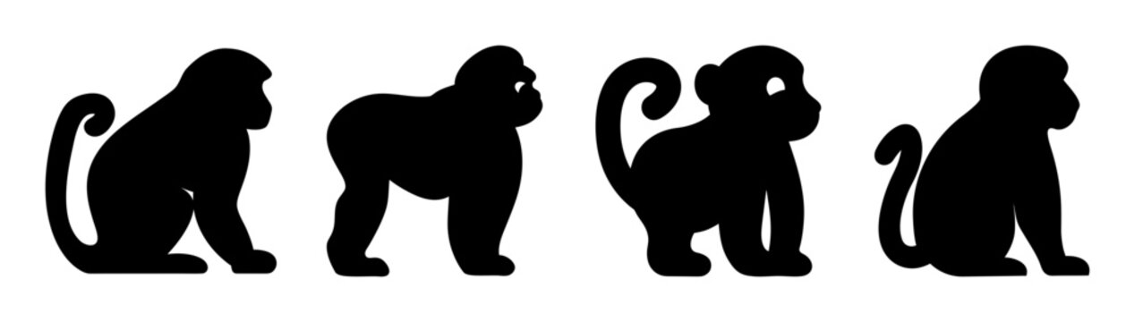 Four silhouette monkeys posed in different positions enjoying their day