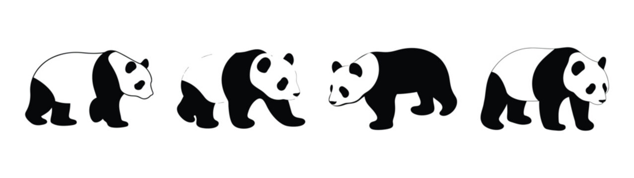 Charming black and white panda icons in various poses for graphic design
