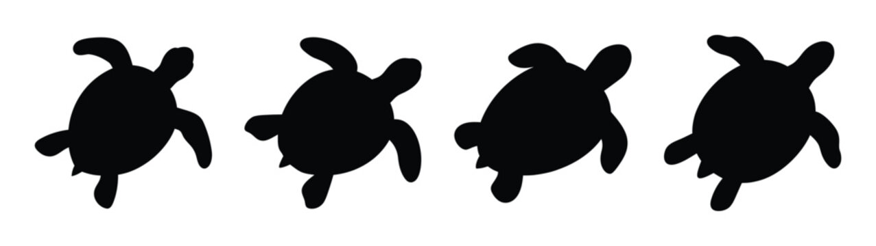 Four black silhouette sea turtles swimming in sequence