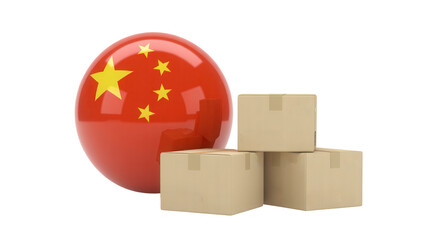 A glossy red egg with the chinese flag design sits next to a stack of cardboard shipping boxes isolated on transparent background