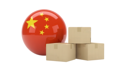 A glossy red egg with the chinese flag design sits next to a stack of cardboard shipping boxes isolated on transparent background