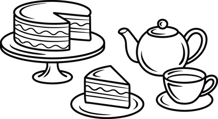 Tea time line art, layered cake with slice, teapot and teacup illustration, dessert plate drawing, elegant afternoon tea vector design