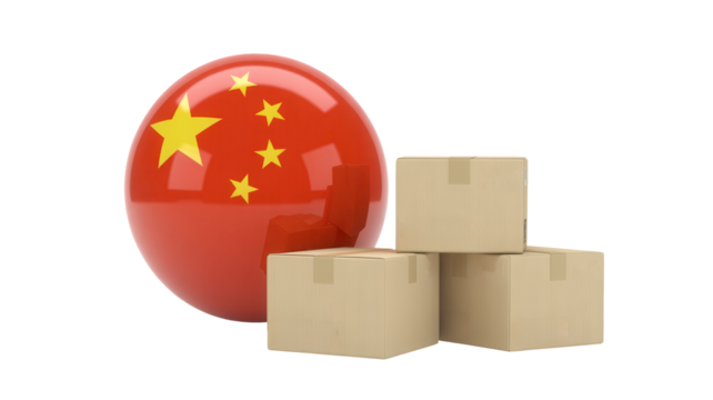 A glossy red egg with the chinese flag design sits next to a stack of cardboard shipping boxes isolated on transparent background