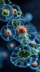 Microscopic Cellular Structures: Detailed View of Cells with Intricate Internal Components and Glowing Membrane in a Dark Blue Environment for