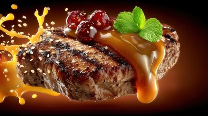 Grilled Steak with Caramel Sauce, Fresh Mint, and Red Berries, Garnished with Sesame Seeds, Isolated on Dark Brown Background, Gourmet Food Photography