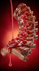 Delicious BBQ Ribs with Cherry Sauce Being Poured Over, Close-Up Shot on a Red Gradient Background, Perfect for Food Photography and Culinary Concepts