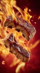Delicious Grilled Pork Ribs with Smoky BBQ Sauce, Floating in Mid-Air with Flames and Sauce Droplets, Close-Up Food Photography for Restaurant Menu