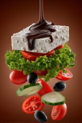 Creative Food Composition: Feta Cheese Topped with Chocolate Sauce, Lettuce, Tomatoes, Cucumbers, and Olives in a Levitating Arrangement Against a