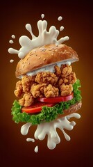 Delicious Crispy Chicken Burger with Fresh Lettuce, Tomato, and Creamy Sauce Splash on a Brown Background, Appetizing Fast Food Concept