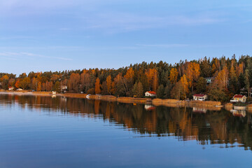 Golden sunrise over calm autumn sea with forest on the shore and gentle fog above the water, peaceful natural seascape and morning atmosphere